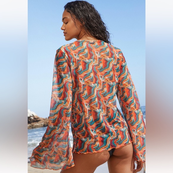 Nasty Gal Marble Mesh Tie Lettuce Edge Cover Up Top - Picture 3 of 4